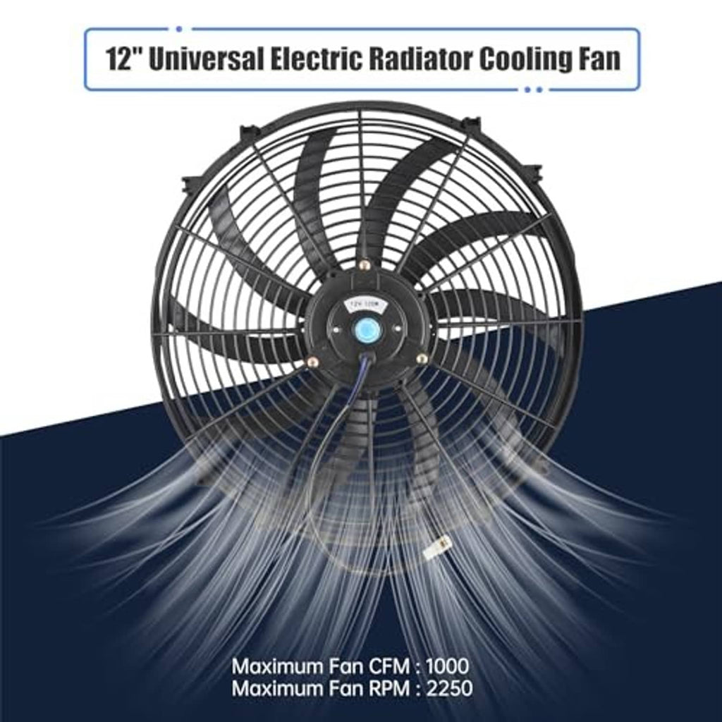 12-inch universal electric radiator cooling fan with black grille and fan blades.