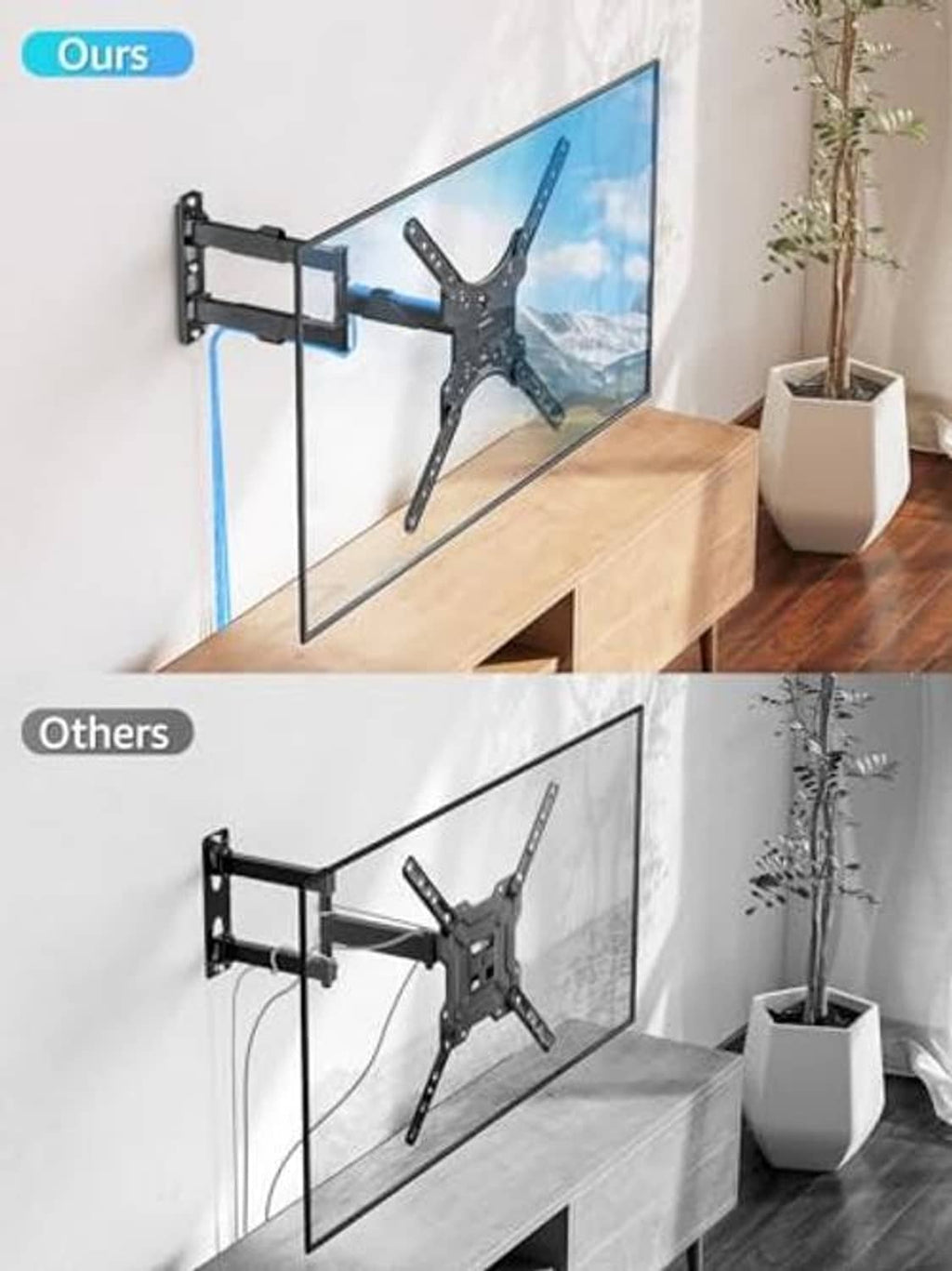 Black full-motion TV wall mount with long articulated arms for flexible positioning
