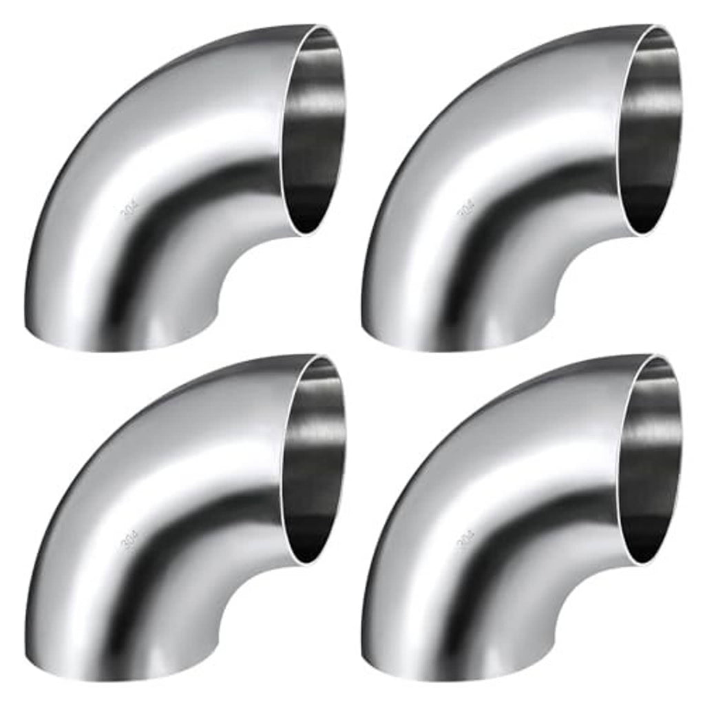 Set of 90-degree stainless steel exhaust elbow pipes with brushed silver finish and open ends