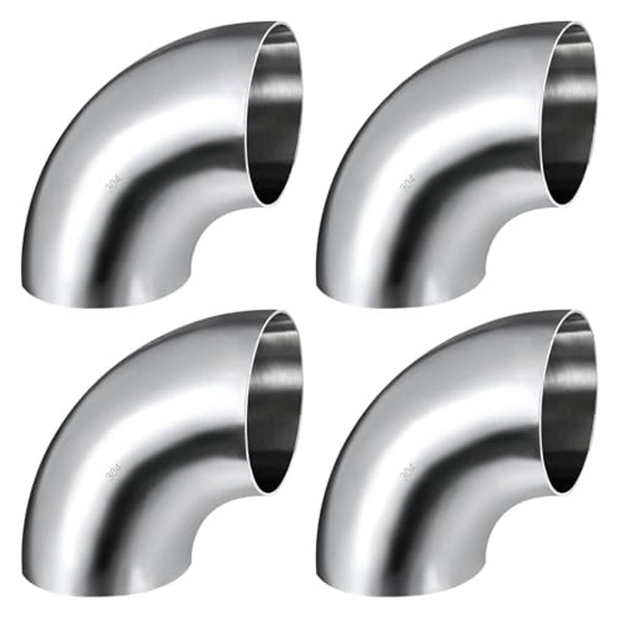 Set of 90-degree stainless steel exhaust elbow pipes with brushed silver finish and open ends