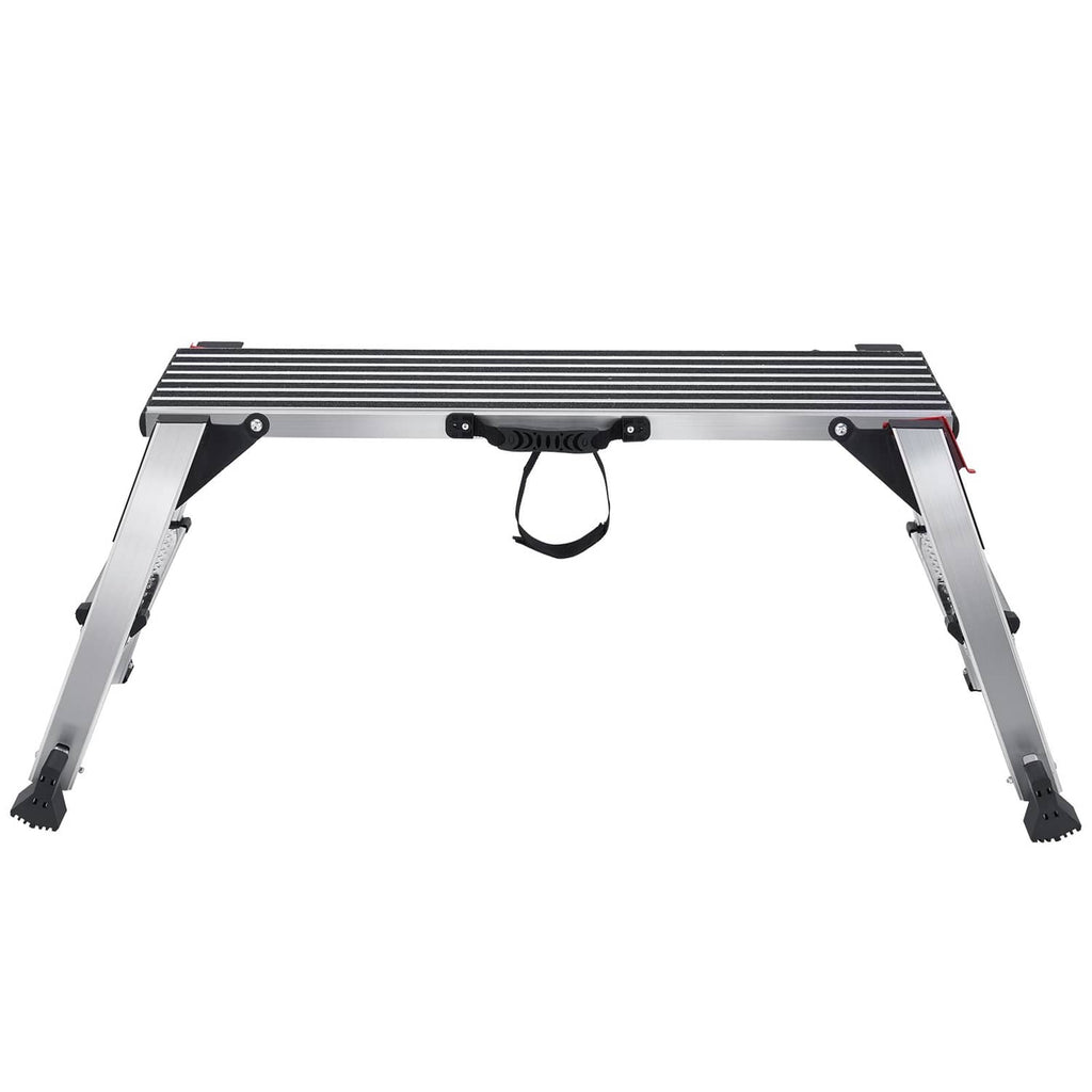 Aluminum folding work platform ladder angled view with black handle loop