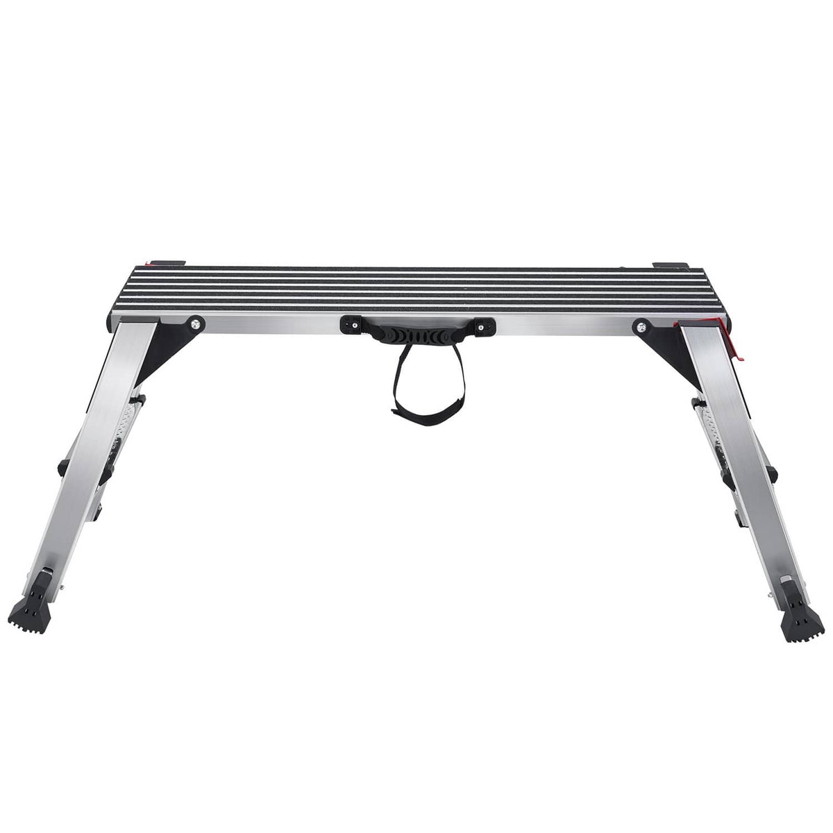 Aluminum folding work platform ladder angled view with black handle loop