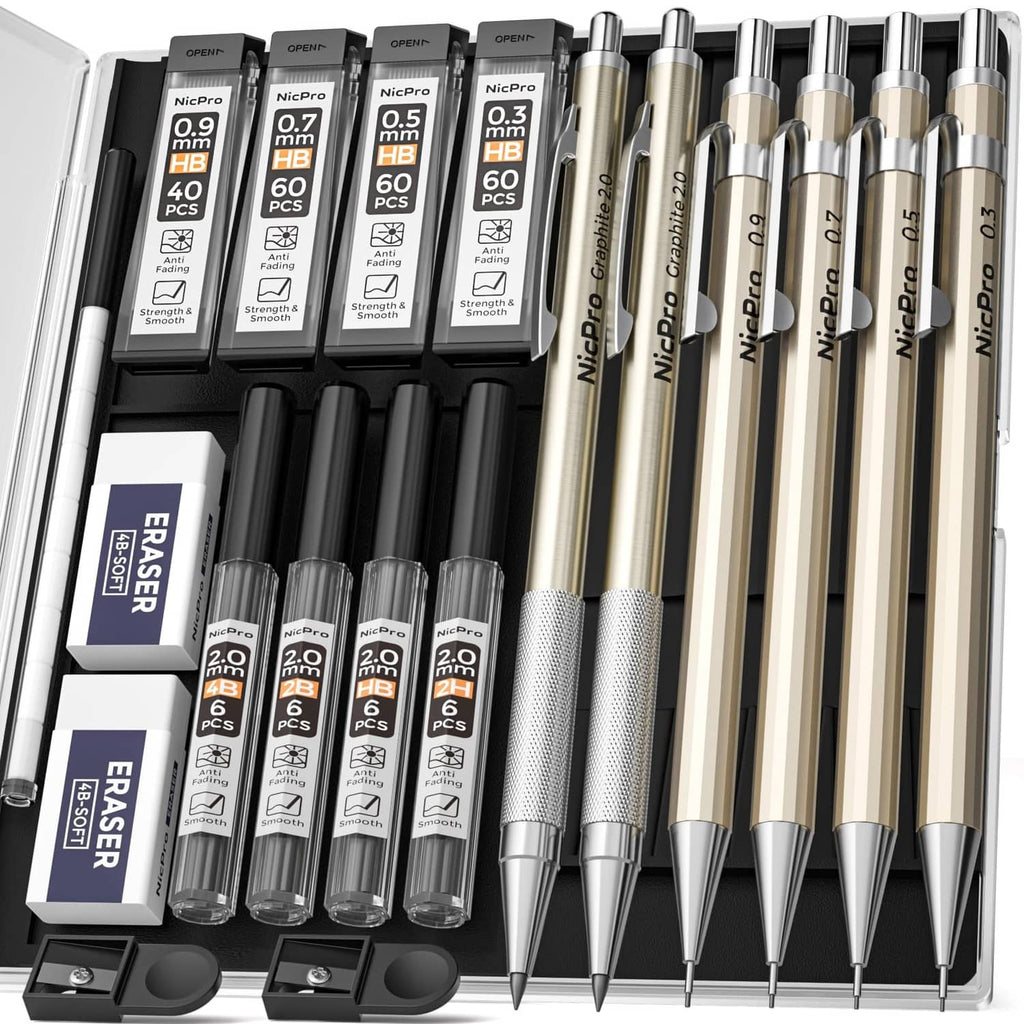 Mechanical pencil set with full copper polyhedral metal barrels and visible lead tips