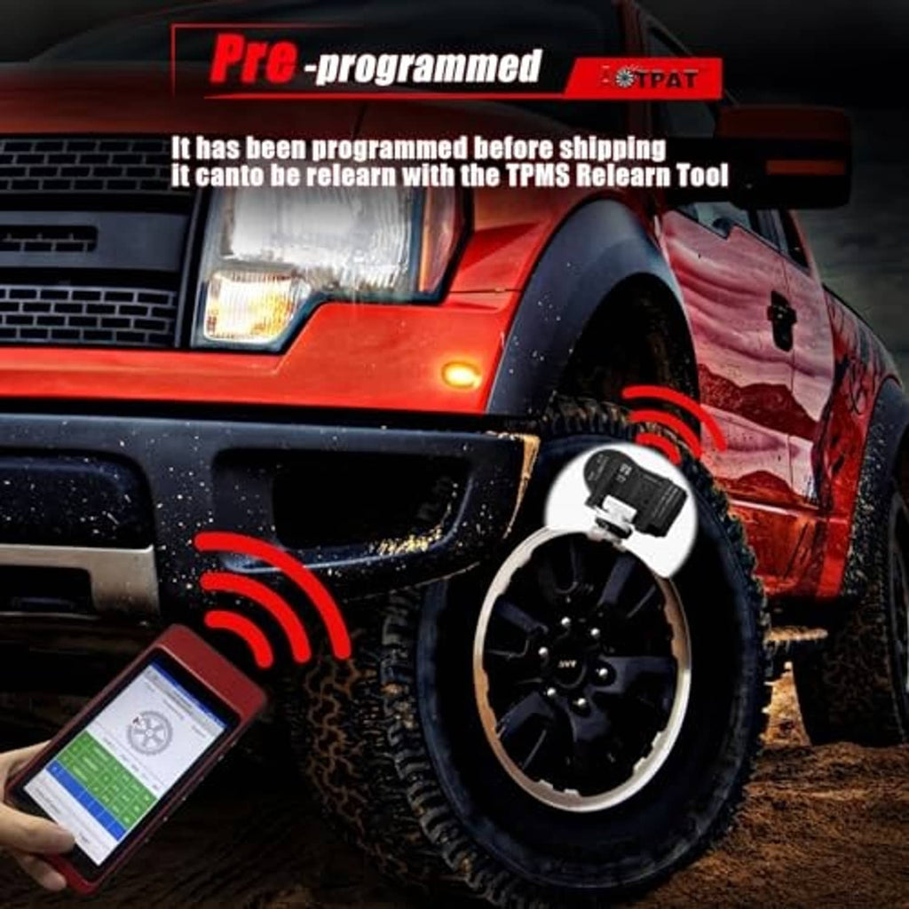 Pre-programmed TPMS sensor mounted on wheel valve, black housing and white connector
