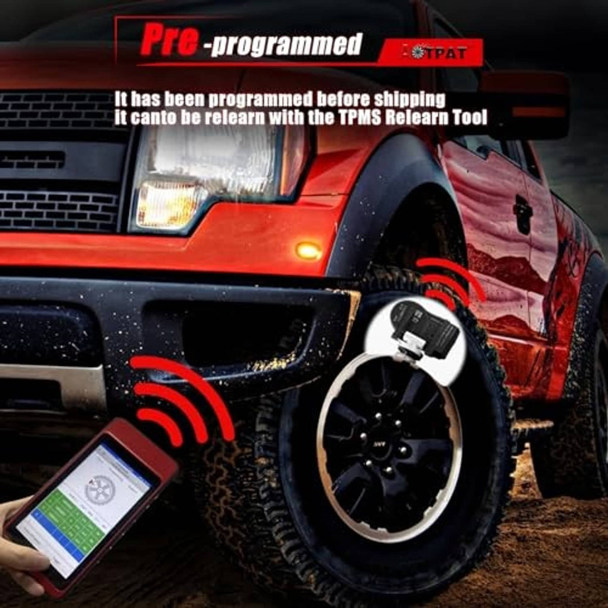 Pre-programmed TPMS sensor mounted on wheel valve, black housing and white connector