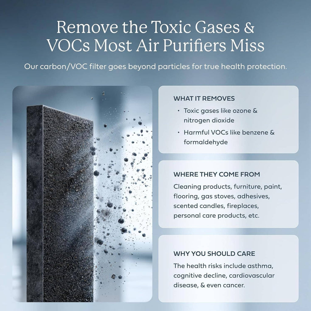 AirDoctor carbon/VOC filter media blocks shown in a comparison panel