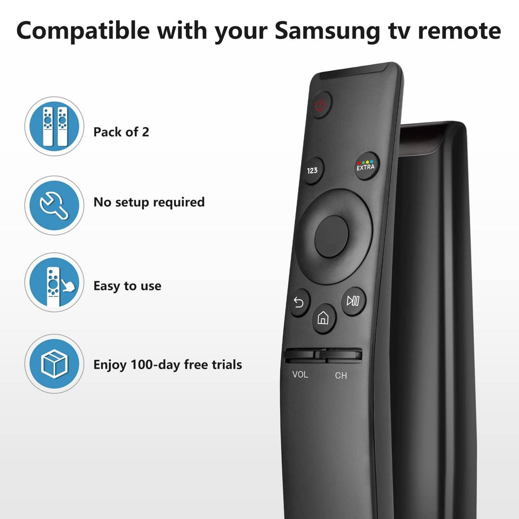 Black universal TV remote control, two units side view with power and extra buttons