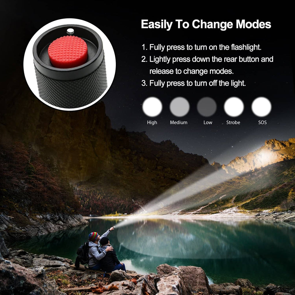 Black tactical LED flashlight with rear mode switch detail and bright beam