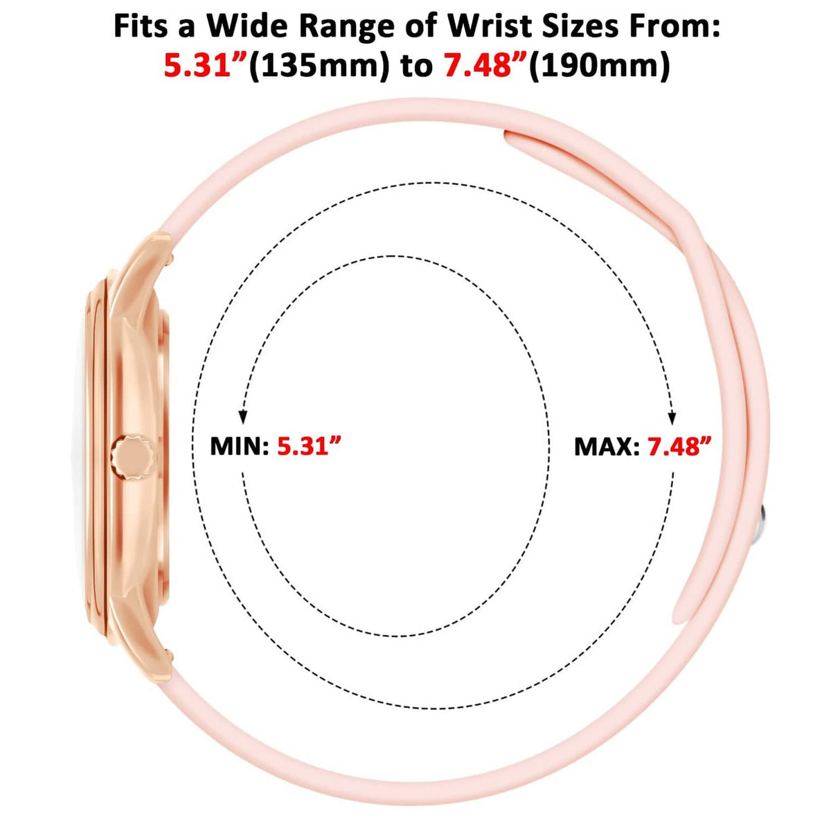 Rose pink nurse watch with adjustable fit for wrist sizes 5.31–7.48 in