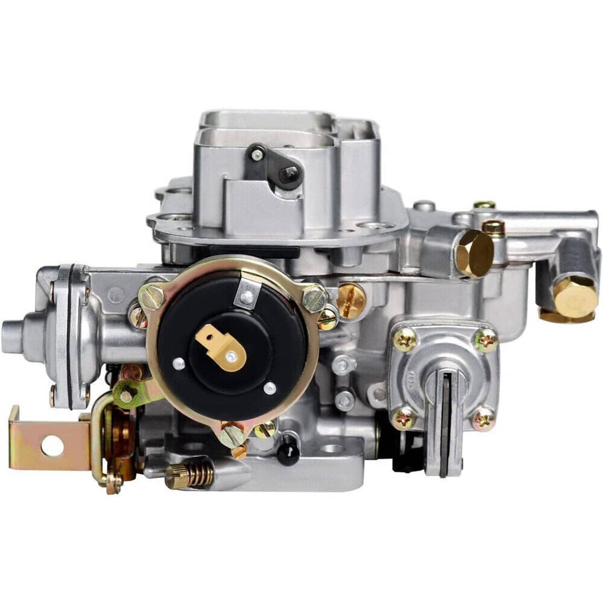 Two-barrel carburetor with black diaphragm cover and silver mounting plate