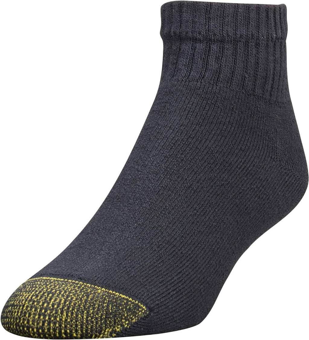 Men's athletic crew sock, dark with yellow-speckle toe, ribbed cuff