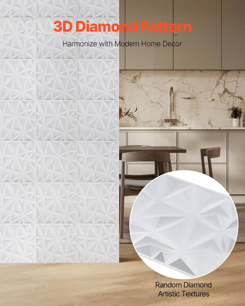 White 3D diamond patterned wall panel feature area with embossed relief texture