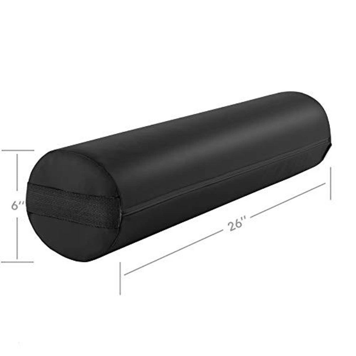 Black cylindrical massage bolster pillow pad, 26 x 6 in size shown