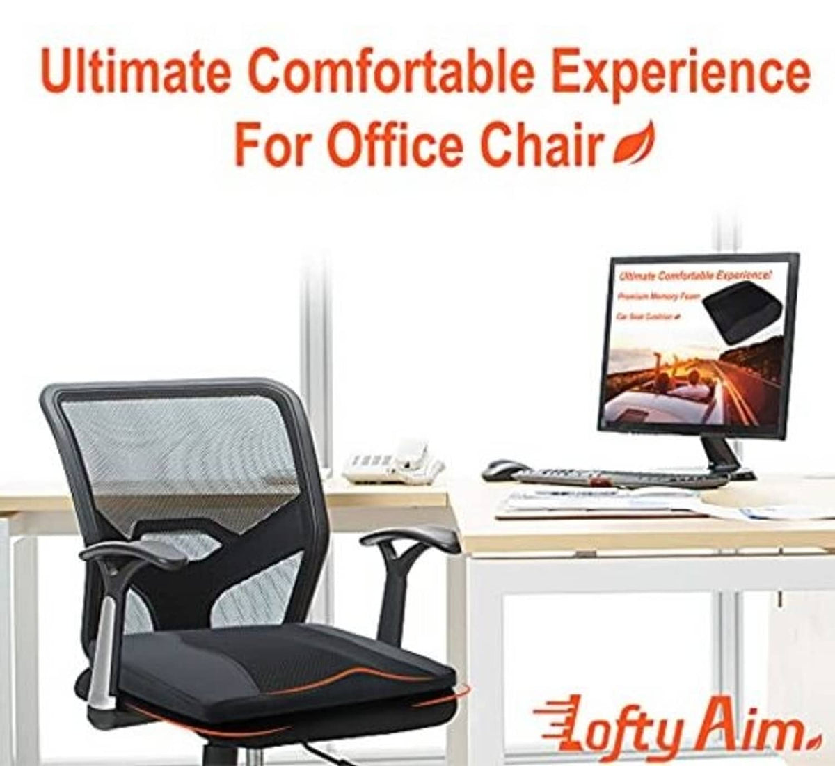 Black car seat cushion with mesh top and orange trim on an office chair