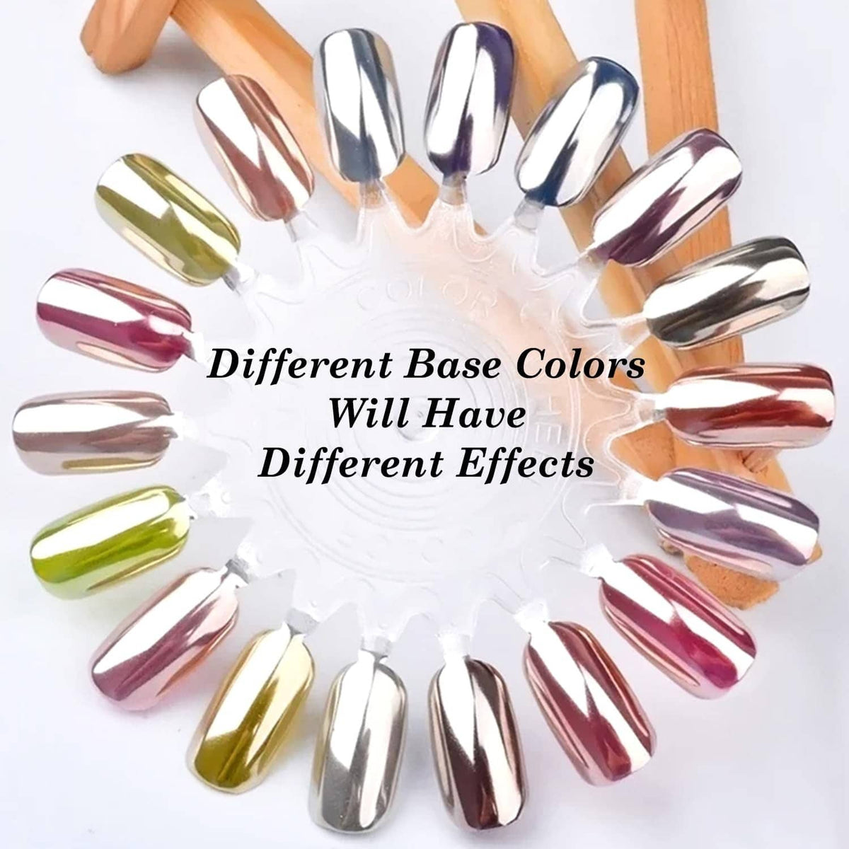 Chrome mirror nail color wheel with metallic silver, gold, green, and purple swatches