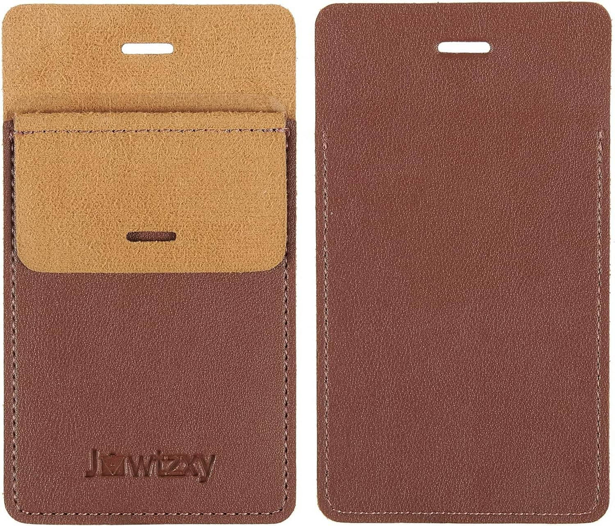 Leather pocket pen holder pouch pair, tan and brown, with front flap and slot