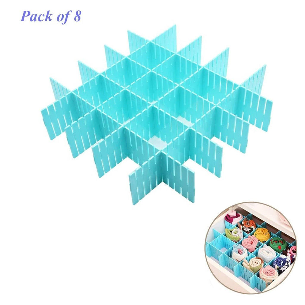 Pack of 8 blue plastic drawer organizer dividers with inset compartment layout