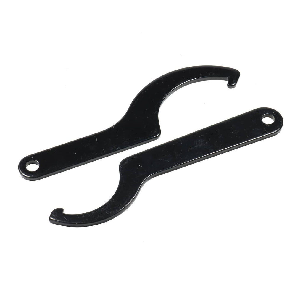 Black metal suspension bracket/tool with hook end and two mounting holes