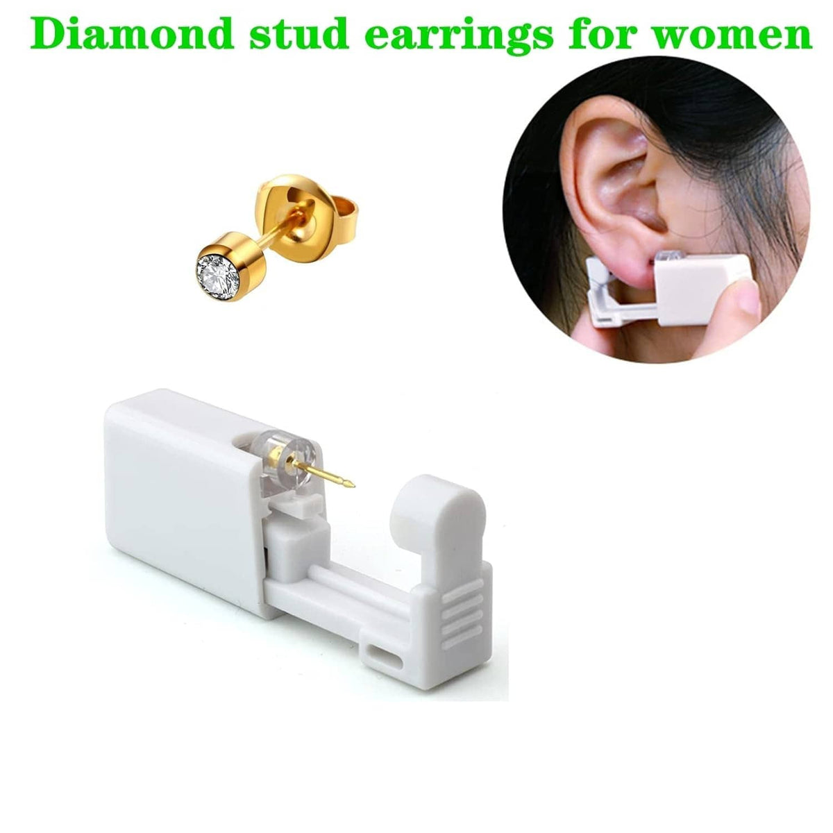 Gold diamond stud earrings with piercing gun, shown on ear