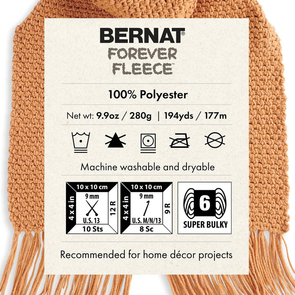Bernat Forever Fleece yarn label: 100% polyester, machine washable, super bulky size 6