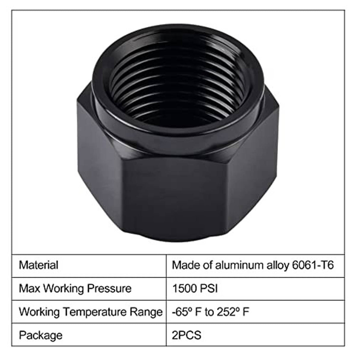 Black 10AN flare cap block-off plug, hex body with internal threads