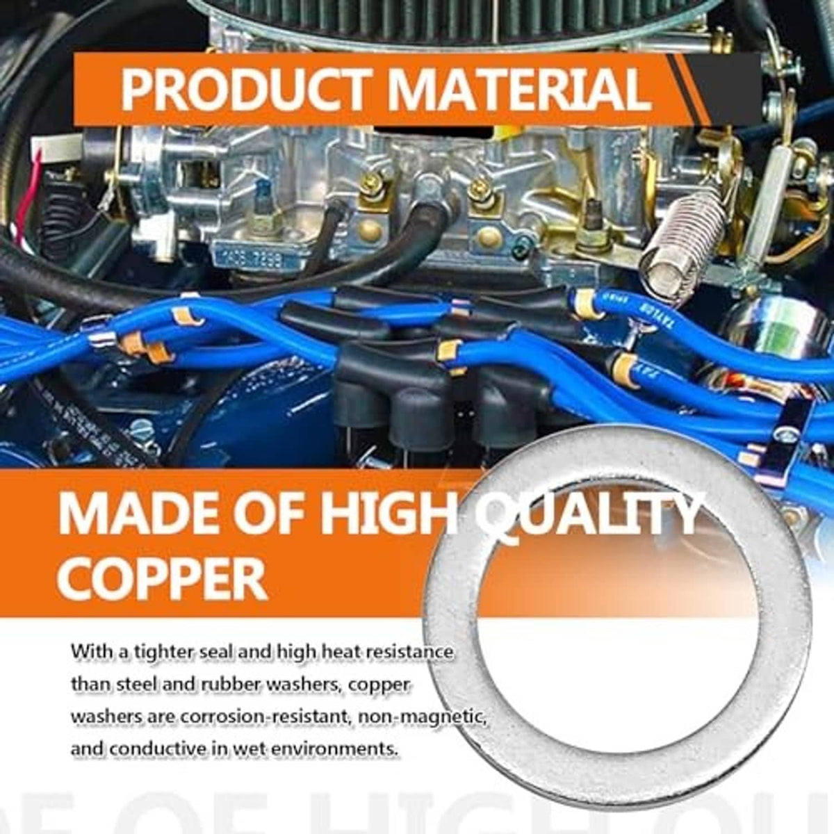Silver copper oil drain plug gasket washer near engine components
