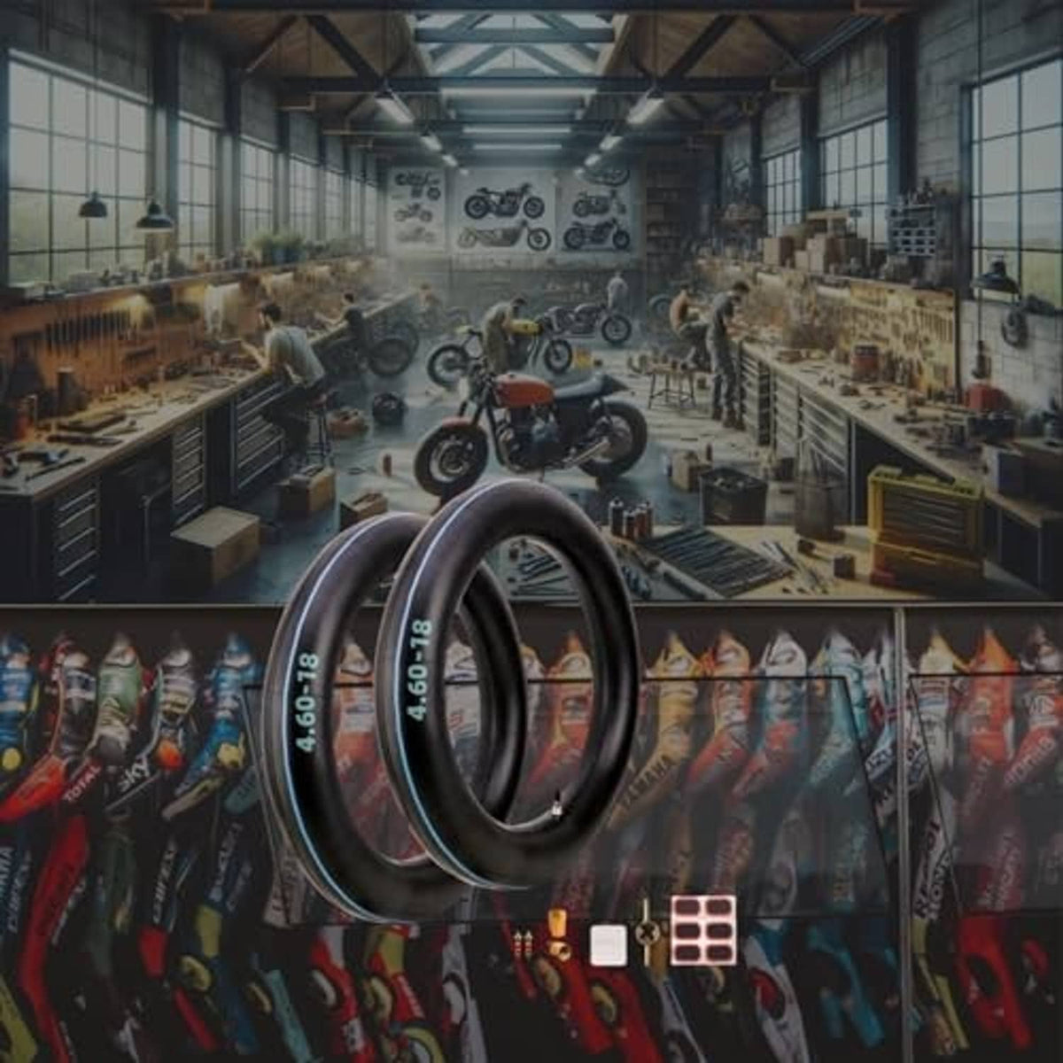 Dirt bike inner tube, black rubber ring with blue size marking and visible valve stem