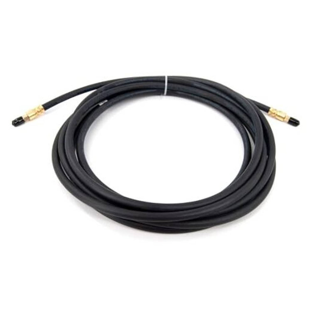 Flexible black rubber trailer brake hose with gold fittings, 20ft coil