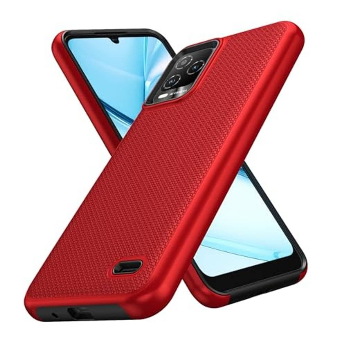 Red textured phone case with camera cutout and grippy back finish