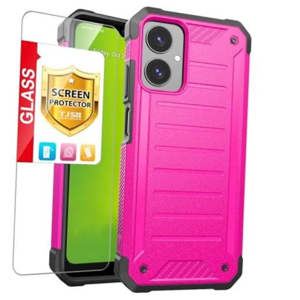 Pink rugged phone case with screen protector and dual camera cutouts