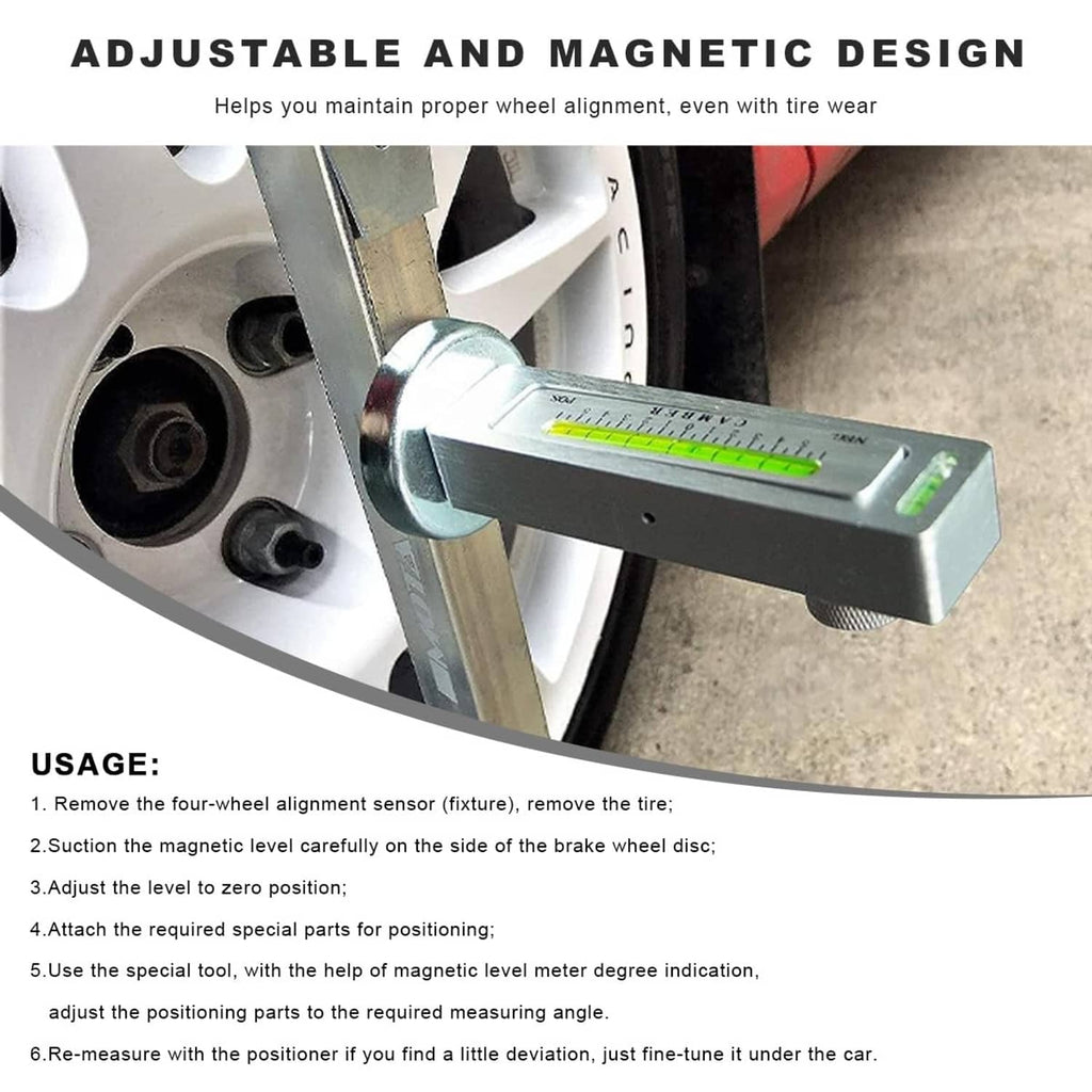 Magnetic wheel alignment gauge tool with green spirit level vial and side mounting knob