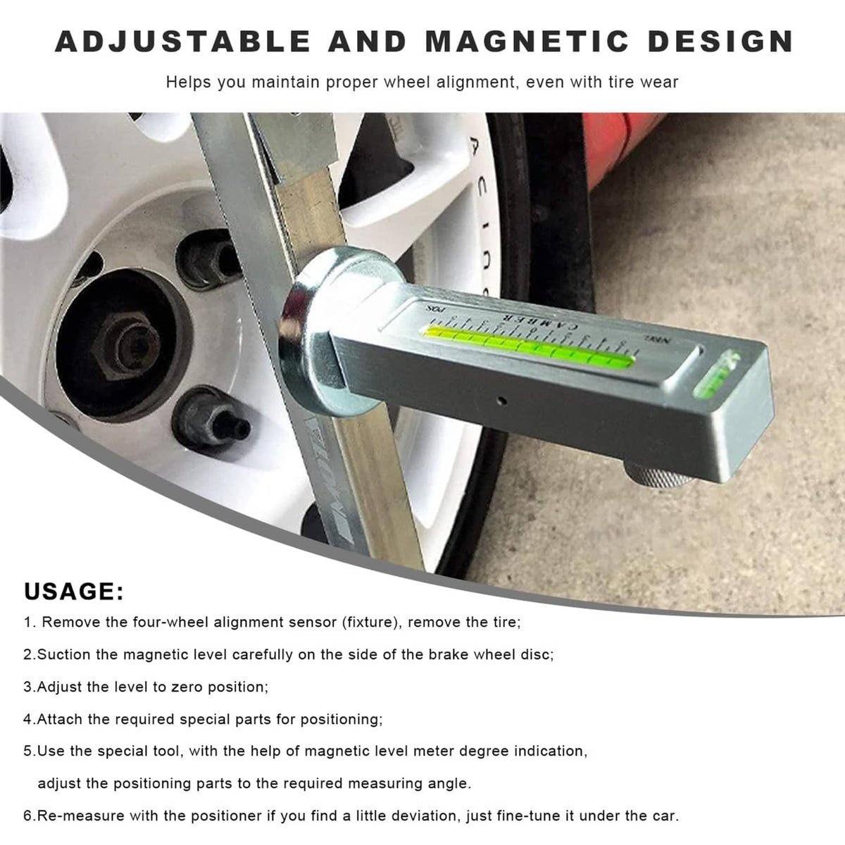 Magnetic wheel alignment gauge tool with green spirit level vial and side mounting knob