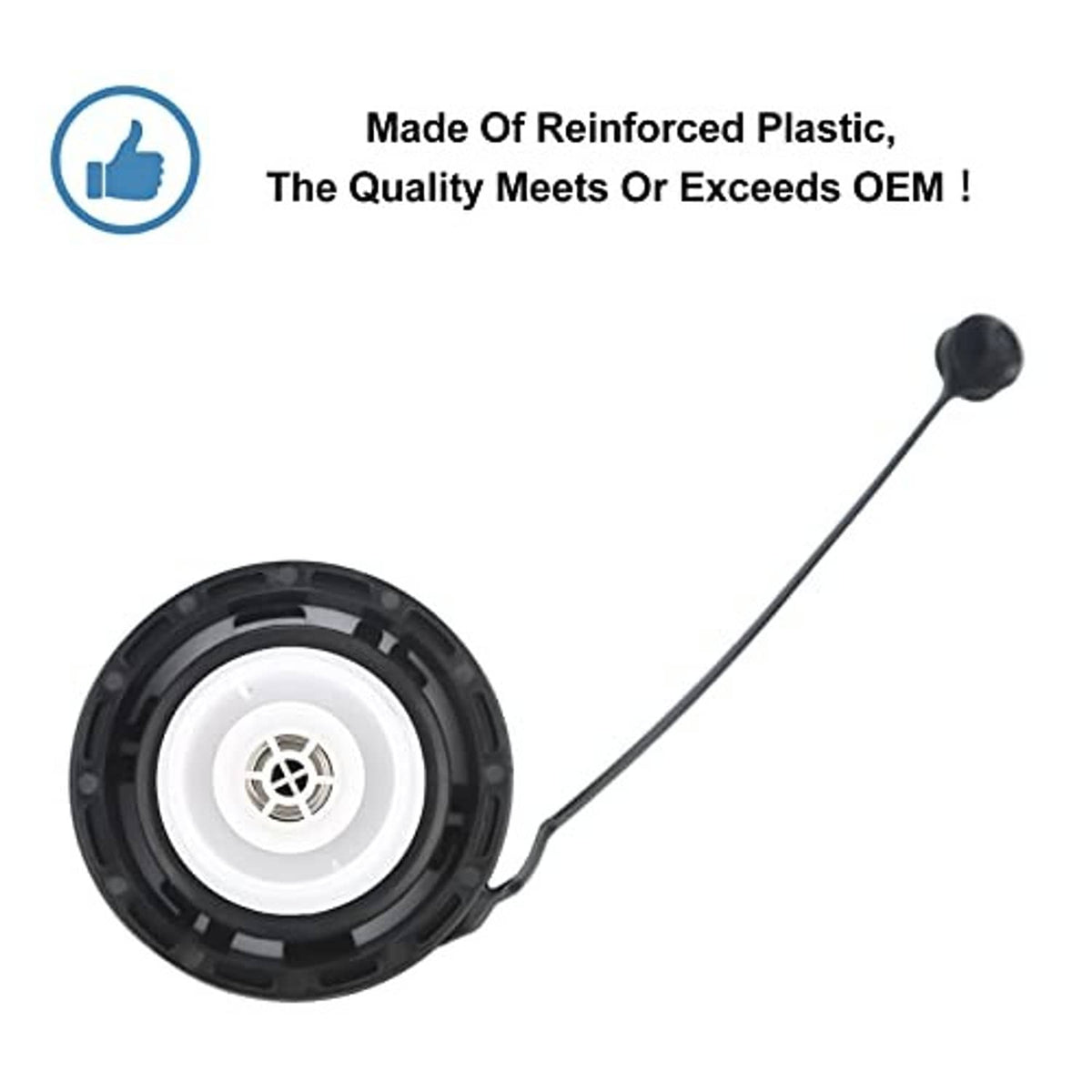 Fuel tank filler cap with round white insert and black tether cord