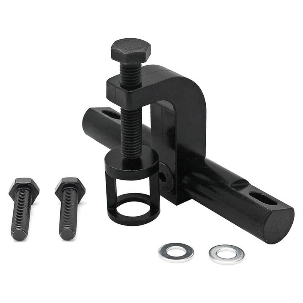 Black valve spring compressor clamp tool with threaded center post and washers