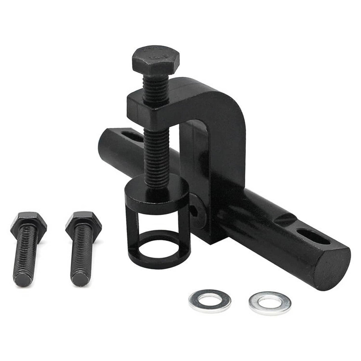 Black valve spring compressor clamp tool with threaded center post and washers
