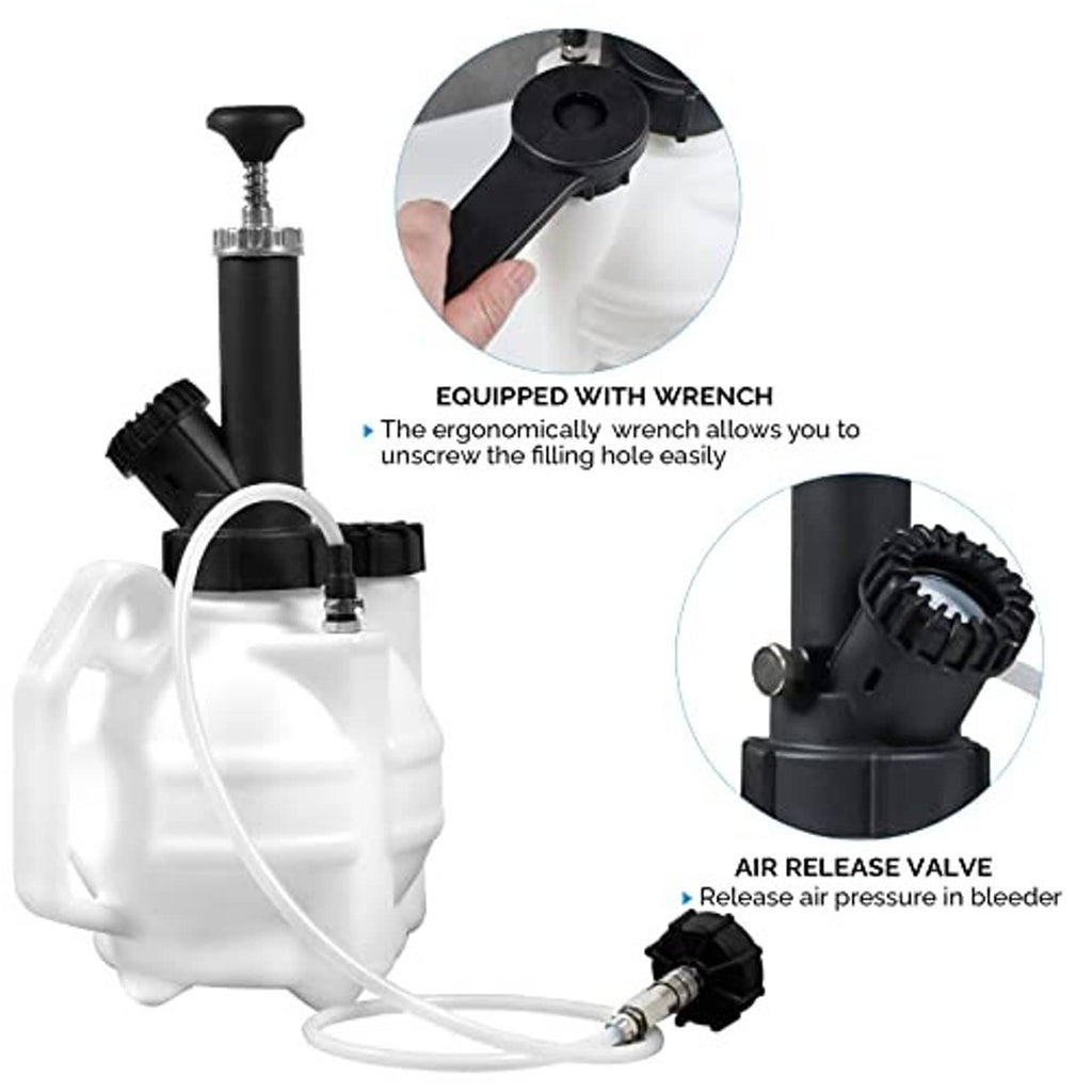 Brake bleeder kit with wrench and air release valve on black pump head, white reservoir