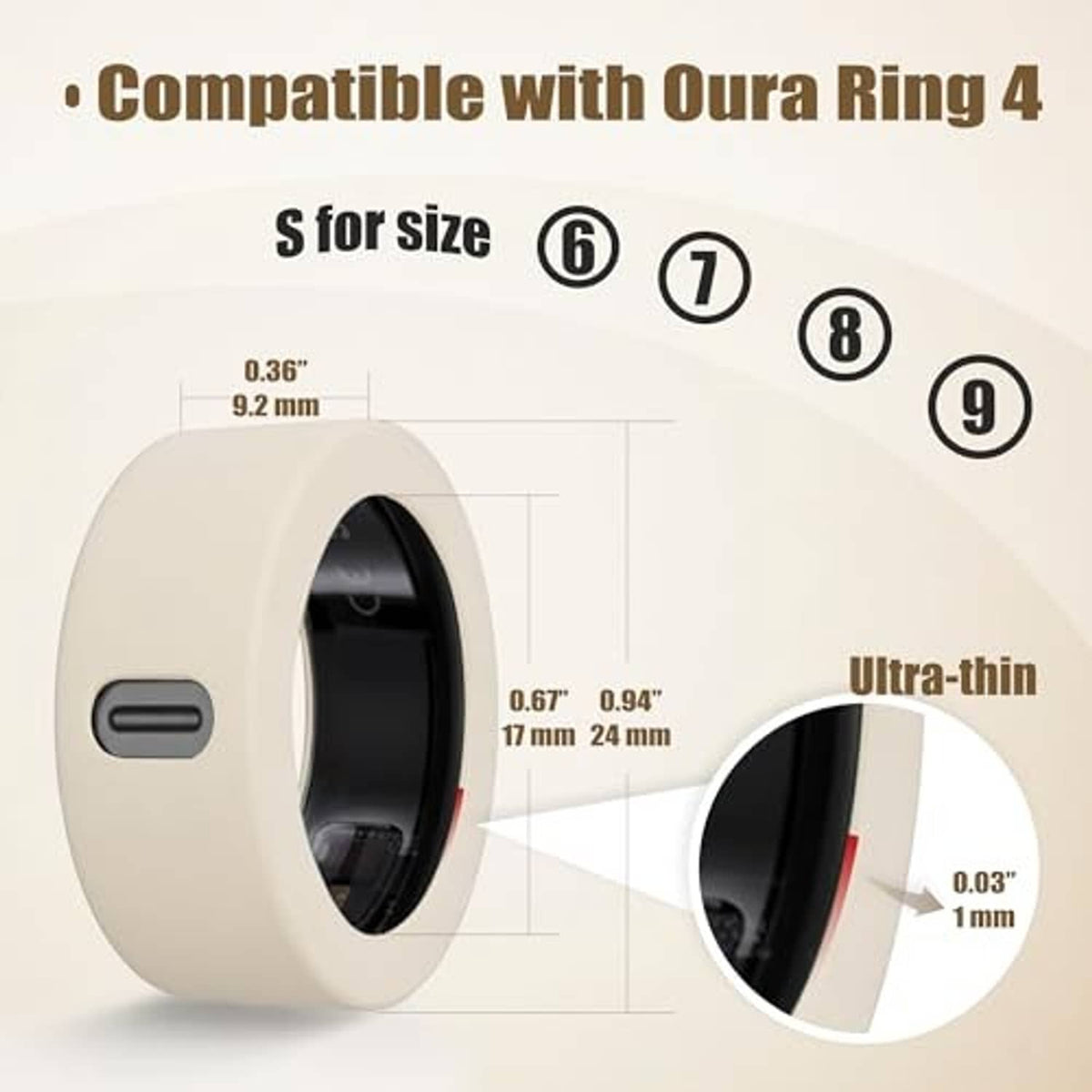 Cream white silicone ring cover with dimensions for fit sizes 6, 7, 8, and 9