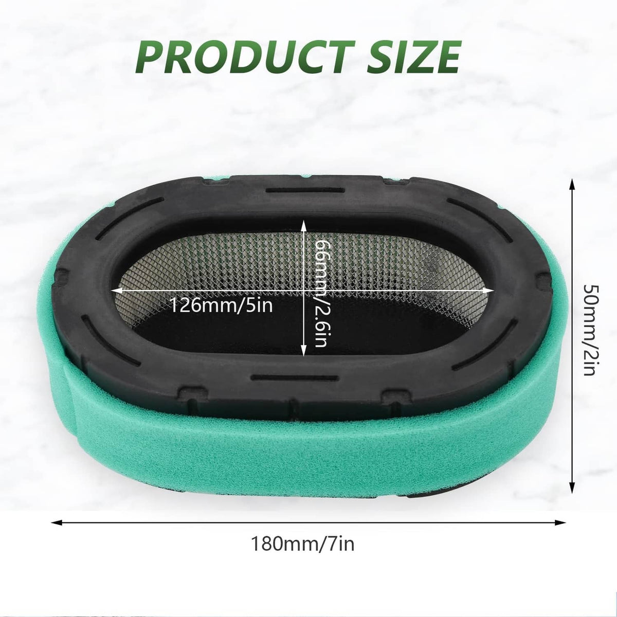 Teal foam engine air filter with oval opening, sized 180 mm wide by 50 mm tall