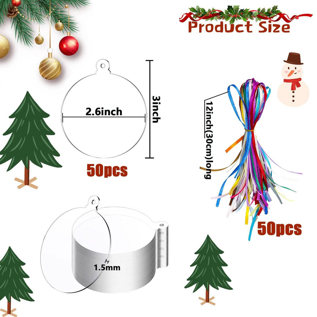 Set of clear round Christmas hanging ornaments with metal loops and ribbon tassels