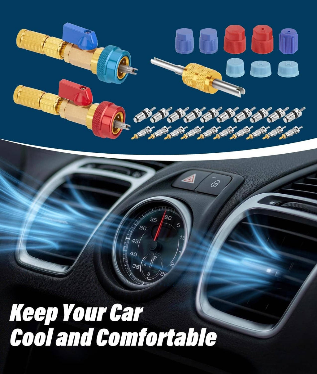 Car A/C valve core remover tool with red and blue couplers and six colored protective caps