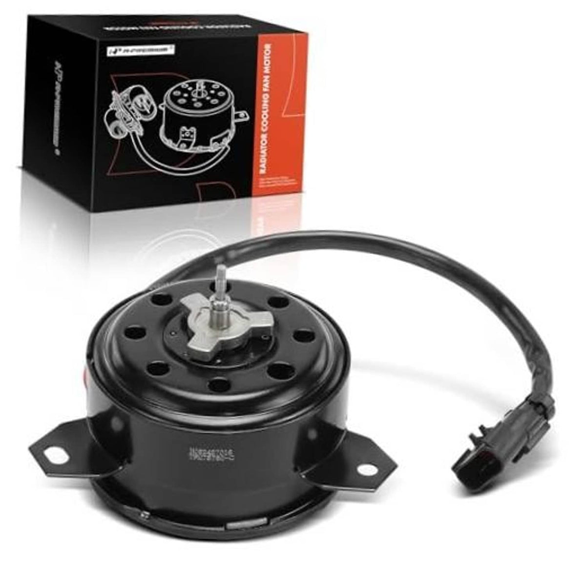 Radiator fan motor assembly with black housing, mounting tabs, and wire connector