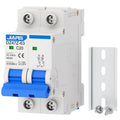 Two-pole DC miniature circuit breaker with DIN rail mounting and blue switch module
