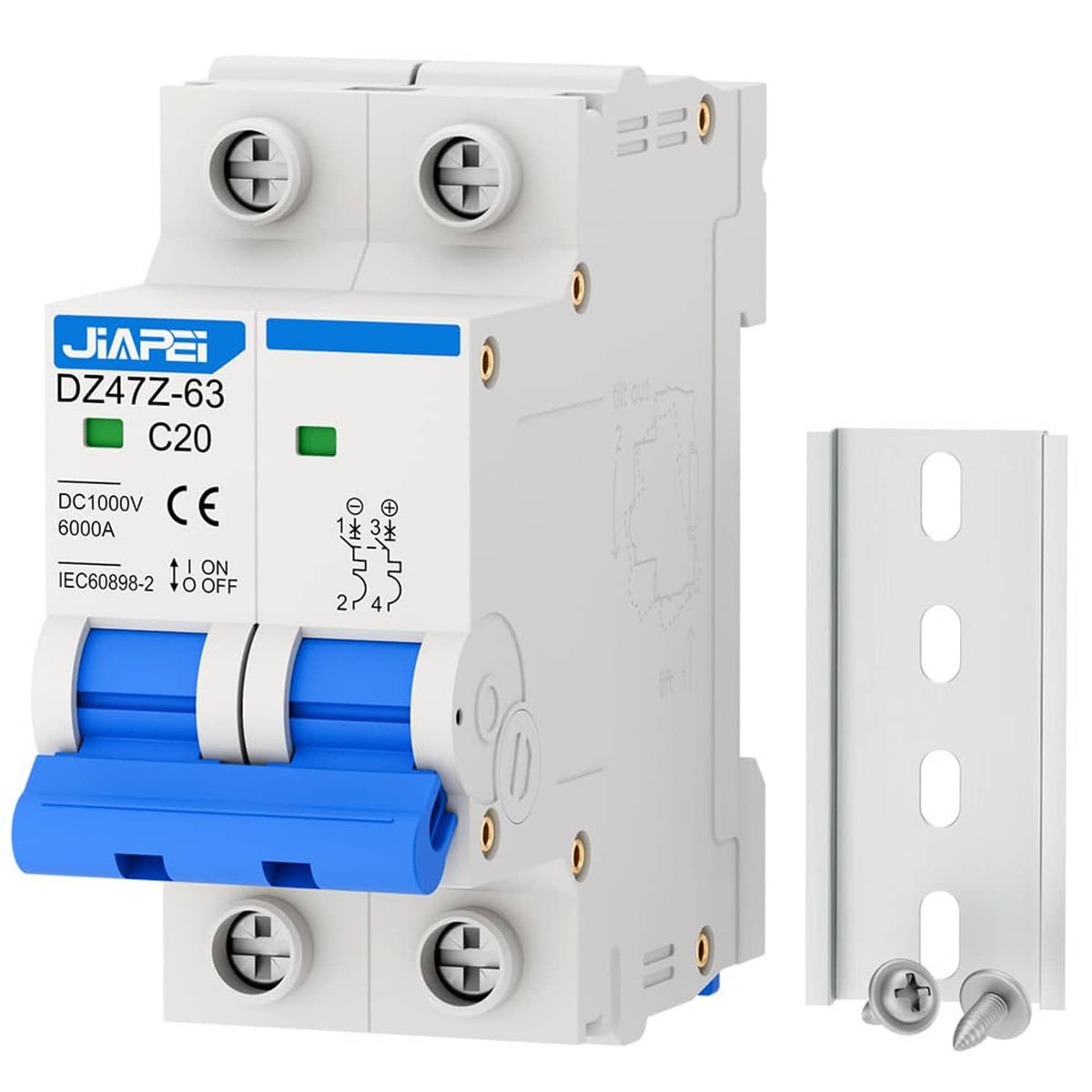 Two-pole DC miniature circuit breaker with DIN rail mounting and blue switch module