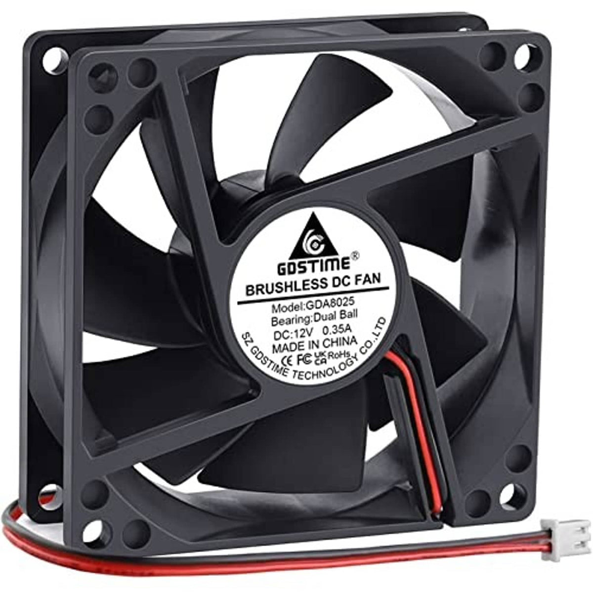 Black DC brushless cooling fan, front view, with 2-pin plug and red/black wires