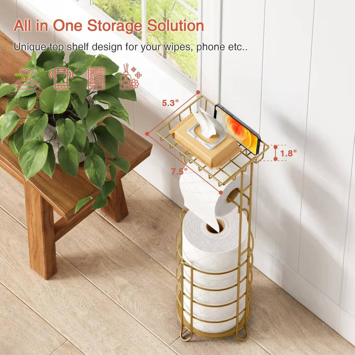 Gold freestanding toilet paper holder with top tray for wipes and phone