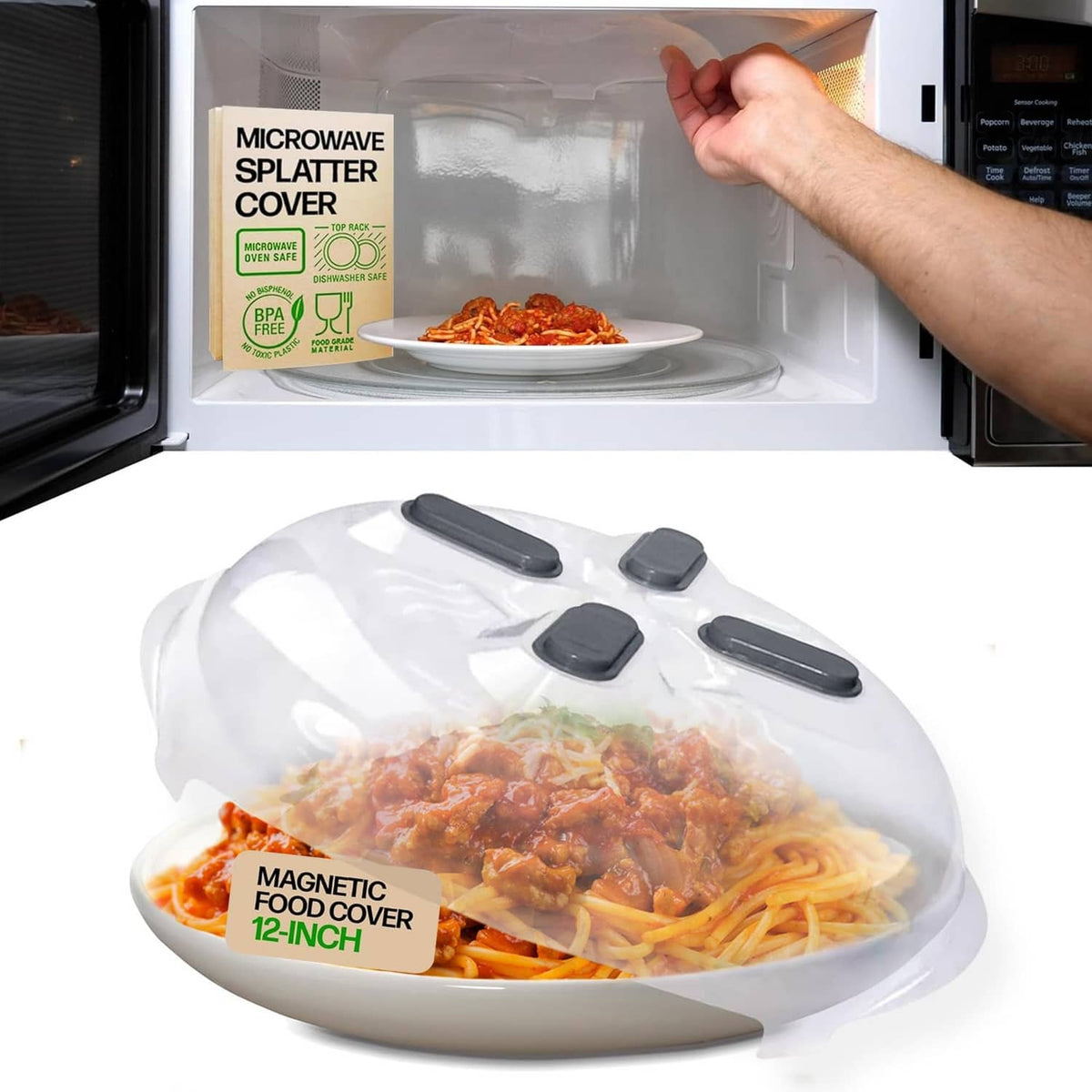 Graphite magnetic microwave splatter cover with four flat magnet tabs