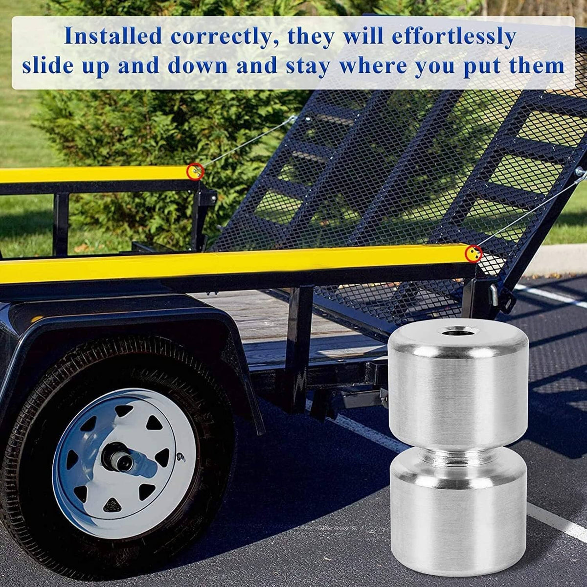 Silver roller pins installed on a trailer lift assist roller mechanism