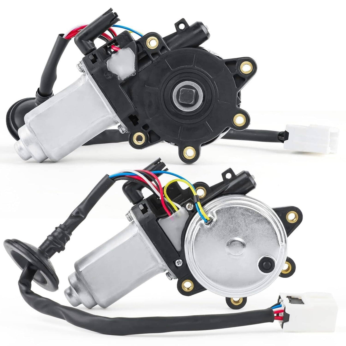 Front power window motor assembly, left and right, angled views with wiring and connectors