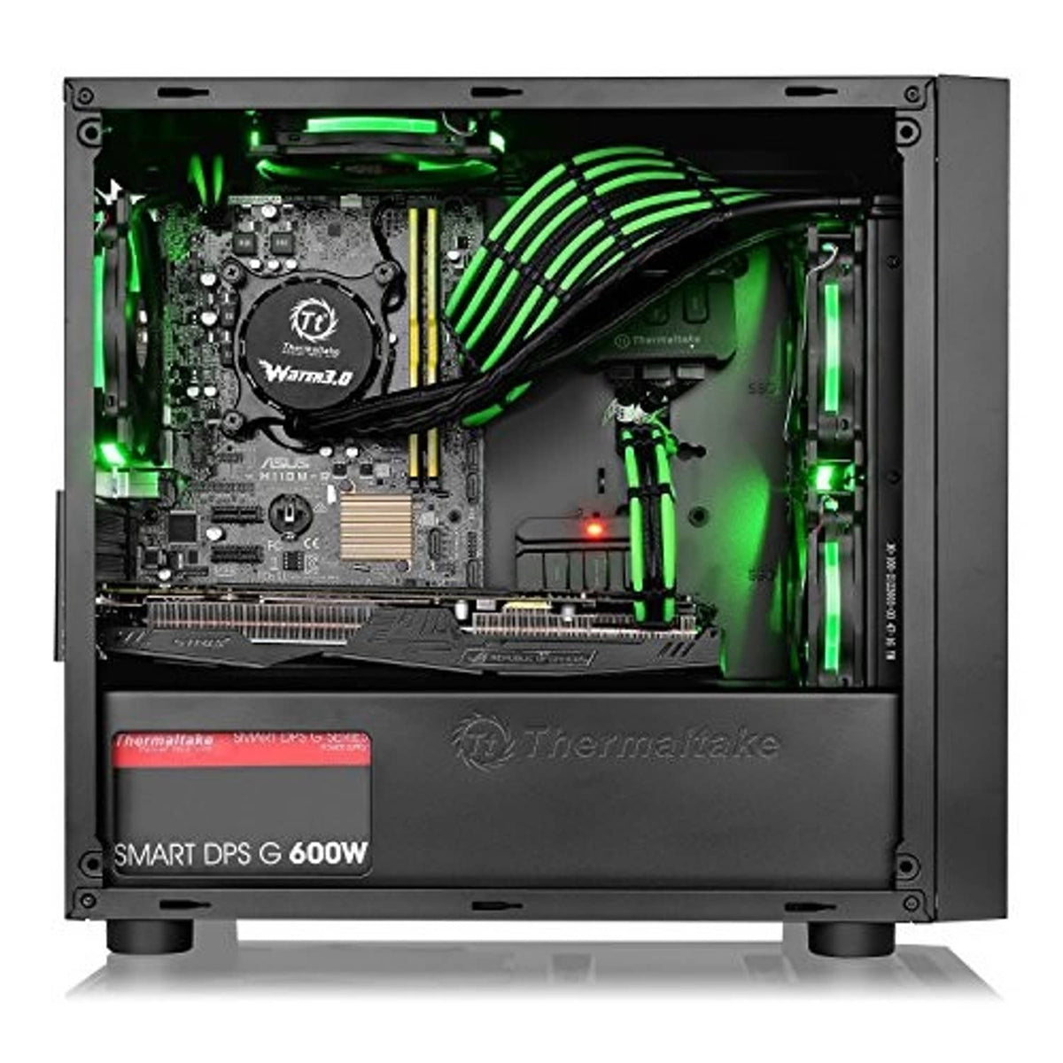 Black micro ATX PC case with green-lit fans through tempered glass side