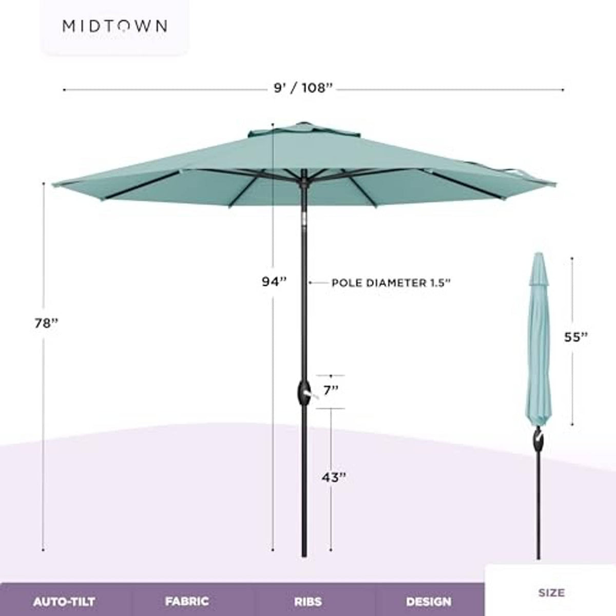 Teal 9 ft patio umbrella with pole and canopy size dimensions
